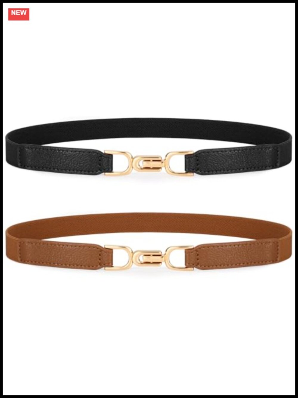 Women's Elastic Stretch Belts Skinny with Gold Buckle Set of 2 Leather Waist